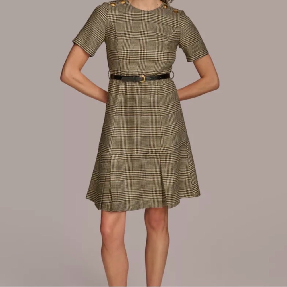 Donna Karan New York Plaid Short-Sleeve A-Line Dress in Brown size 8